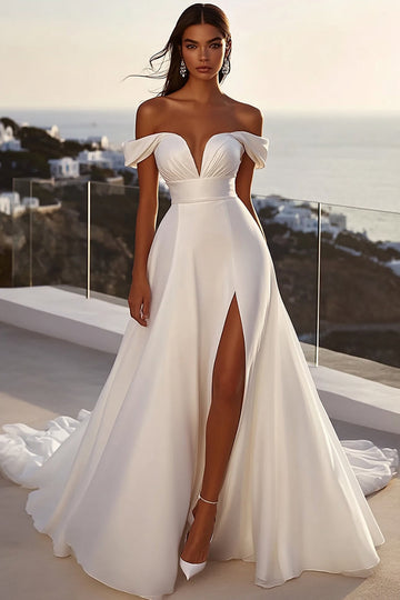 lvory A Line Off The Shoulder Long Wedding Dress with Slit